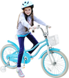 Blue 18-inch kids bike with removable basket, training wheels, and adjustable seat for safe, comfortable riding.
