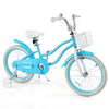 Blue 18-inch kids bike with removable basket, adjustable seat, dual brakes, and training wheels for safe riding.