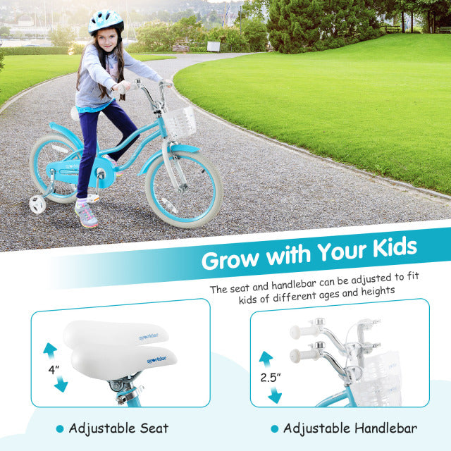 Blue 18-inch kids bike with adjustable seat and handlebar, featuring a removable basket and training wheels for safety.