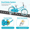 18-inch blue kids bike featuring a dual brake system, removable basket, and adjustable seat for safe, comfortable.