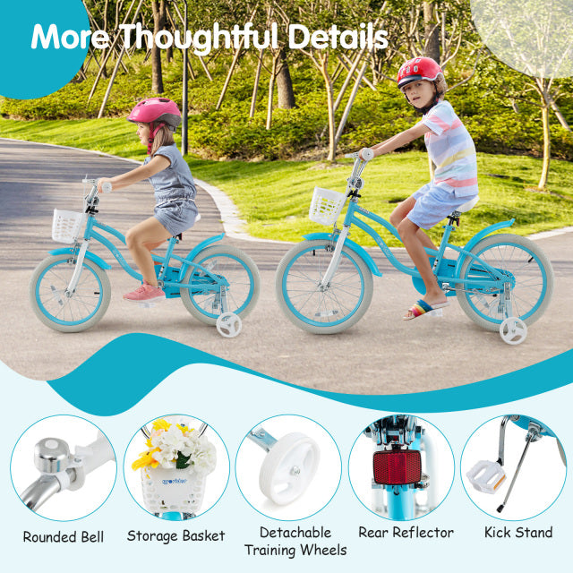 Blue 18-inch kids bike with removable storage basket, training wheels, and adjustable seat for safe, comfortable riding.