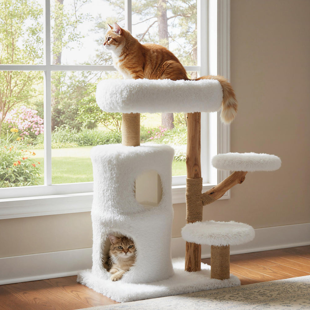 Modern cat tree with solid wood branches, featuring a cozy perch and two condos for indoor cats to explore and relax.