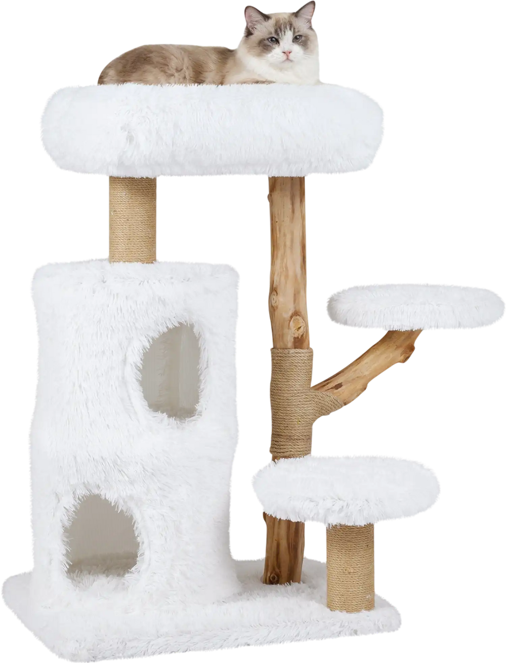 Modern cat tree with white plush fabric, solid wood branches, and two padded platforms for indoor cats to explore and.