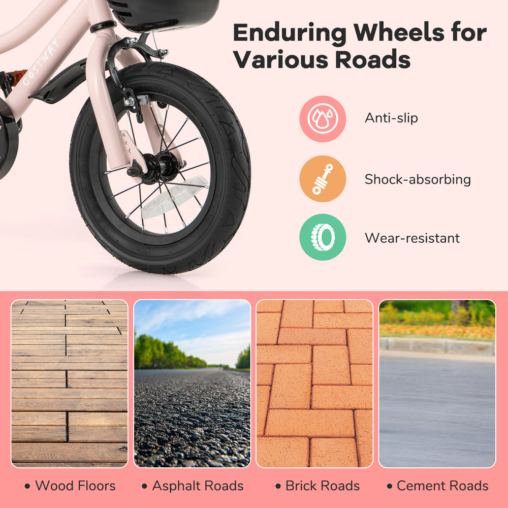 12-inch kids bike with anti-slip, shock-absorbing wheels for various roads, featuring a pink and black design.