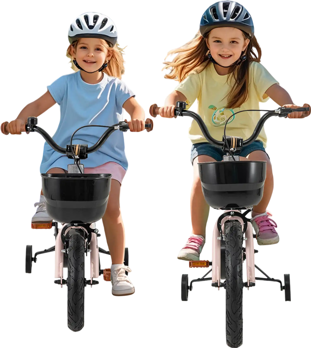 Two girls riding the 12-inch kids bike in black and pink, featuring adjustable seats and training wheels for safety.
