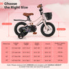 12-inch kids bike in black and pink with adjustable seat, removable training wheels, and dual brake system for safety.