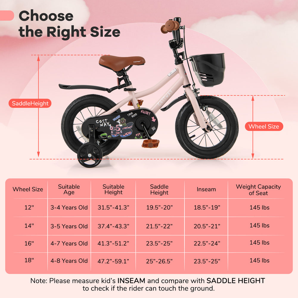 12-inch kids bike in black and pink with adjustable seat, removable training wheels, and dual brake system for safety.
