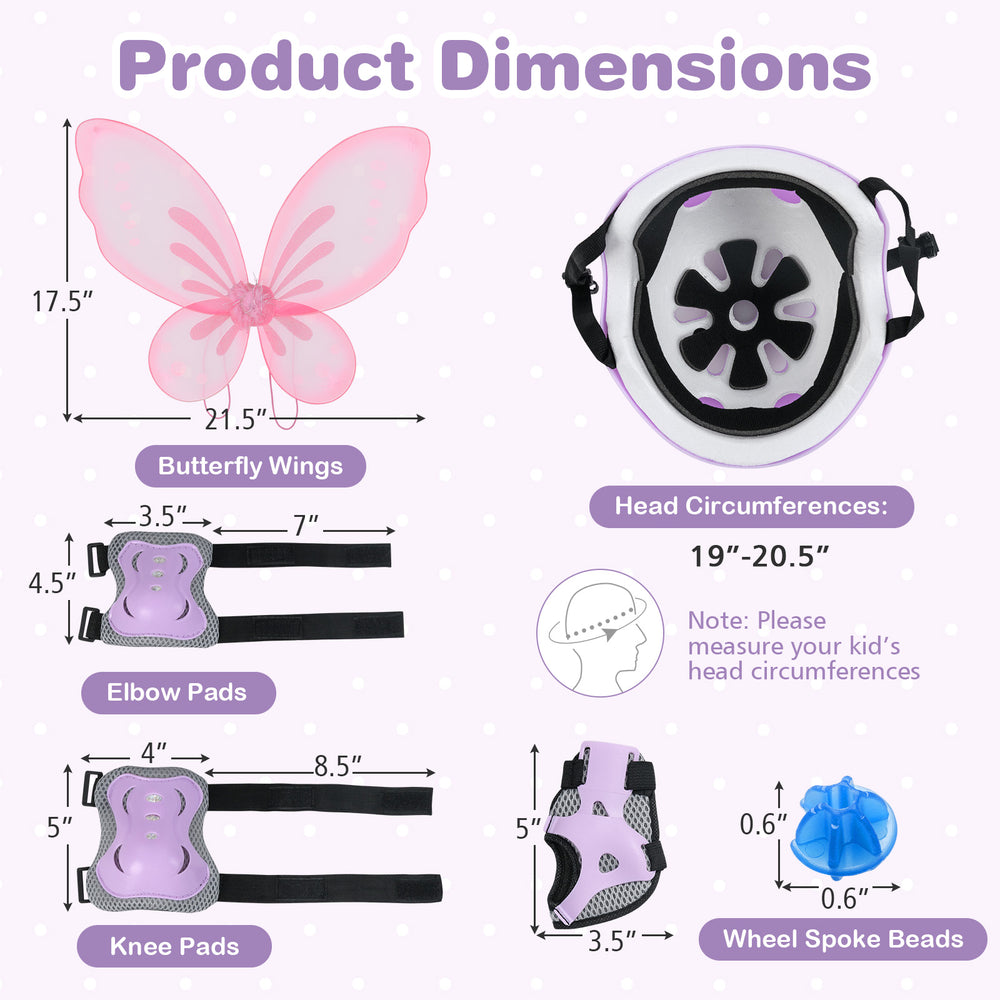 Butterfly wings and helmet dimensions for the 12 Inch Kids Bike with Helmet Protective Set in black and pink.