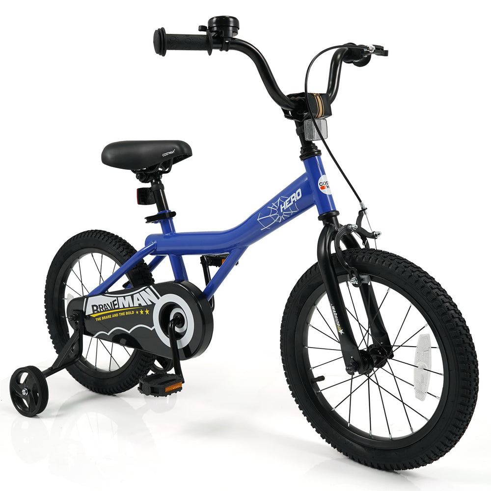 16-inch dark blue kids bike with adjustable seat, training wheels, and handbrakes for safe and comfortable riding.