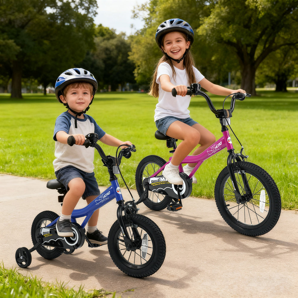 Kids riding 16-inch dark blue bike with training wheels and helmets, perfect for comfortable and safe outdoor fun.