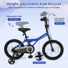 Height-adjustable dark blue 16-inch kids bike with removable training wheels, soft saddle, and handbrakes for safety.