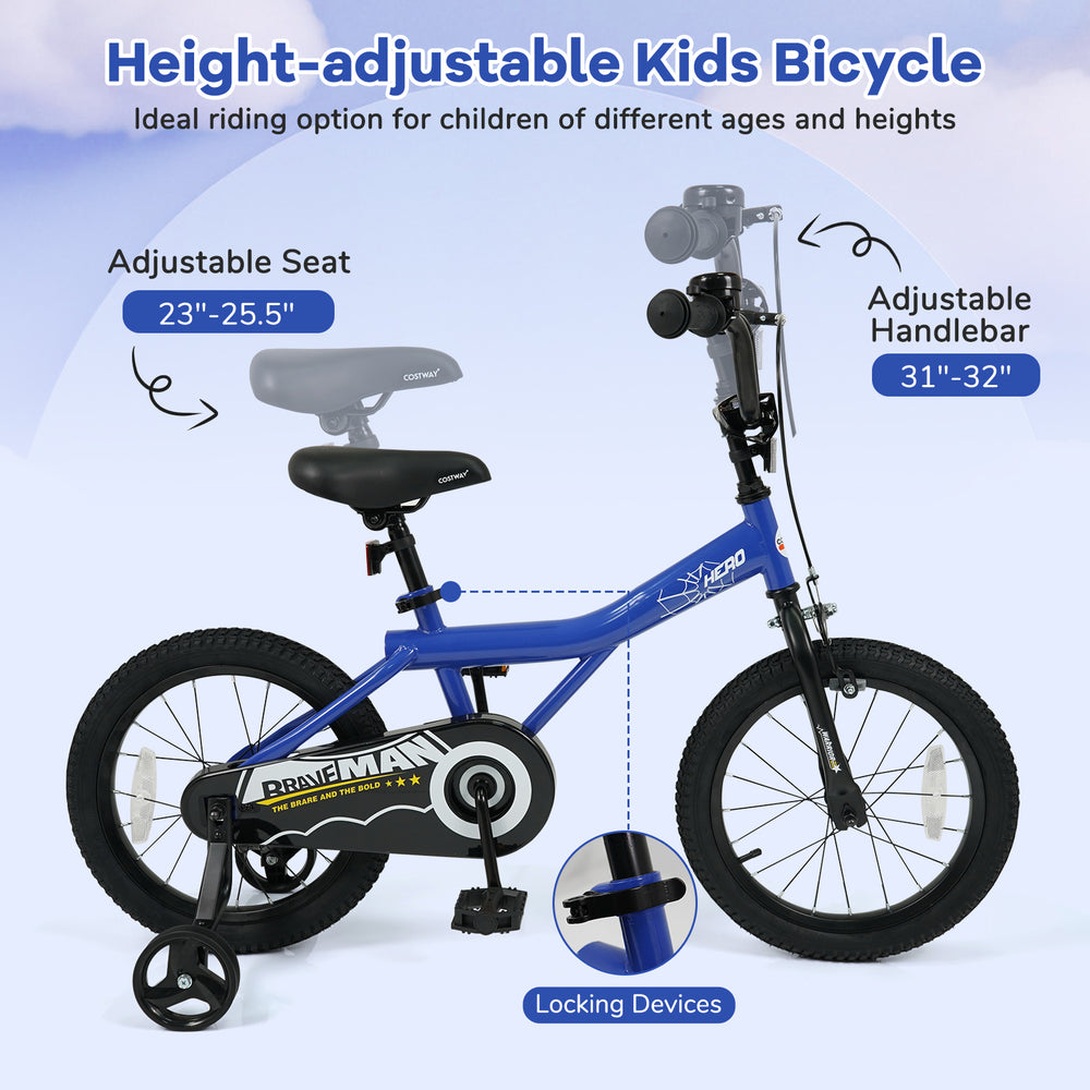 Height-adjustable dark blue 16-inch kids bike with removable training wheels, soft saddle, and handbrakes for safety.