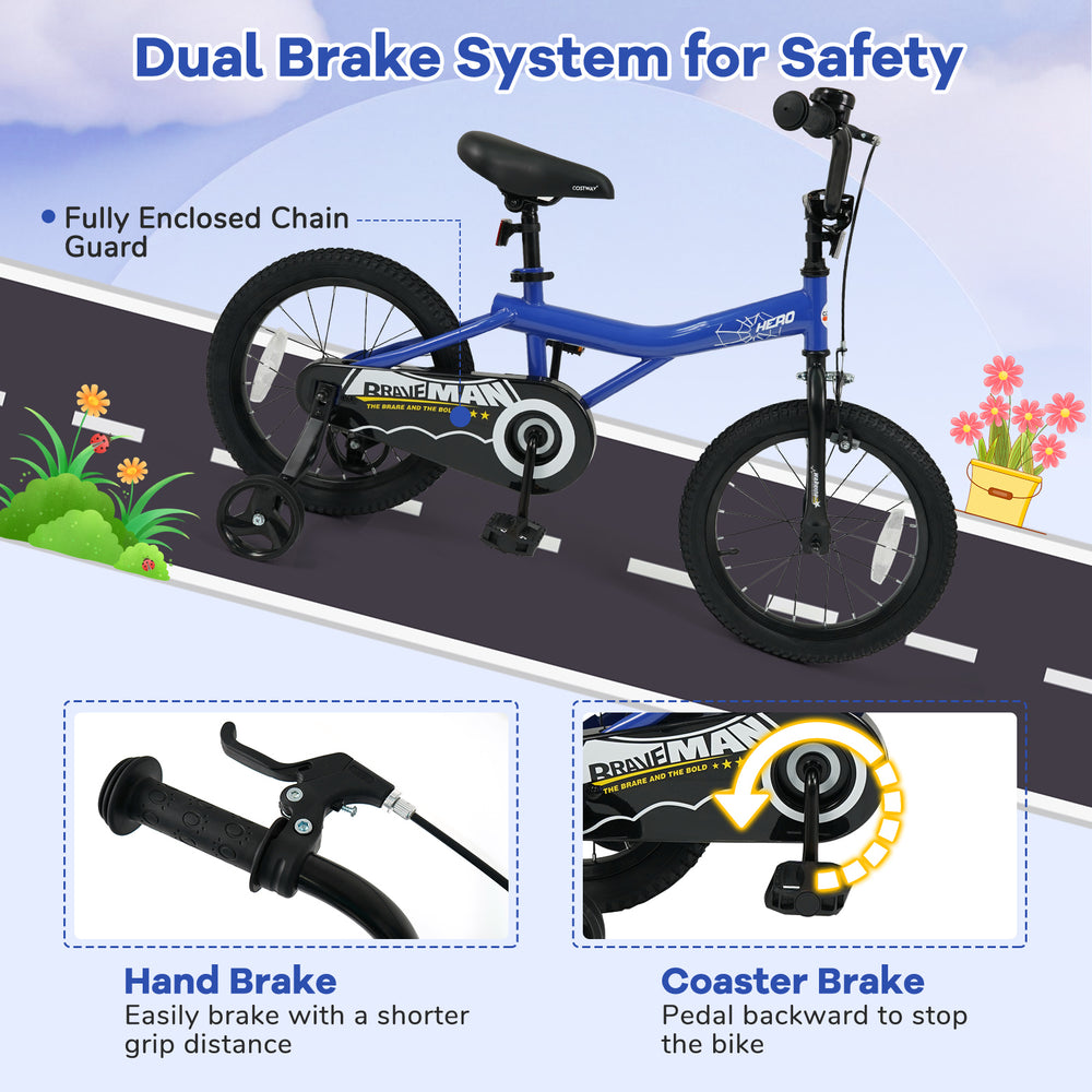 16-inch dark blue kids bike featuring adjustable seat, handbrake, coaster brake, and fully enclosed chain guard for.