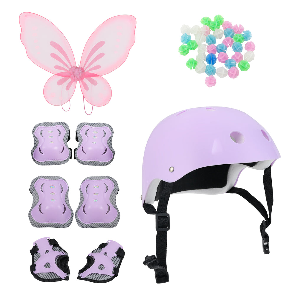 Purple kids' helmet and protective gear set with butterfly wings, ideal for safe biking adventures.