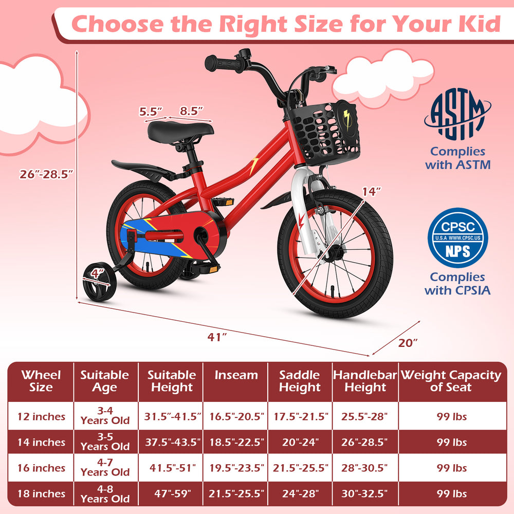 14-inch kids bike in red with adjustable handlebar and seat, removable basket, and training wheels for safe riding.