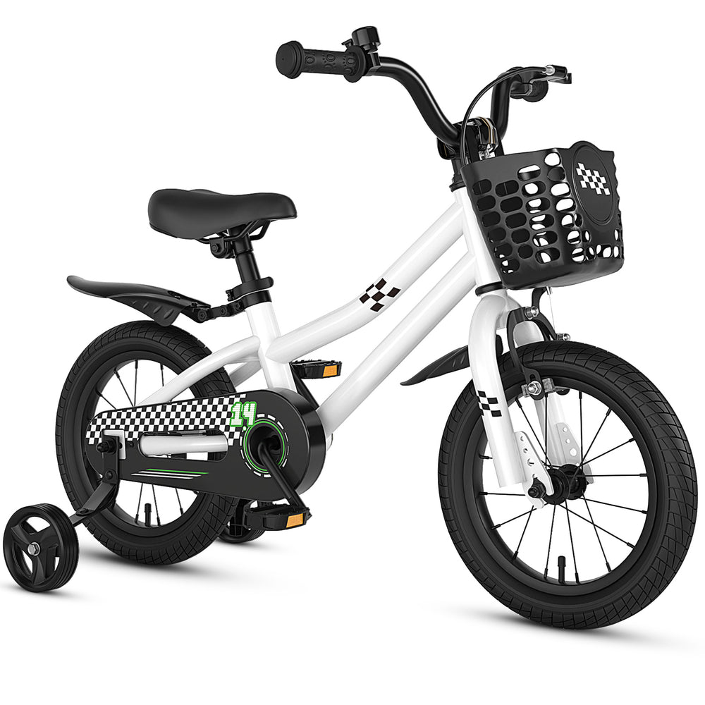 14-inch kids bike in white with training wheels, adjustable seat, and removable basket for toys, perfect for beginners.