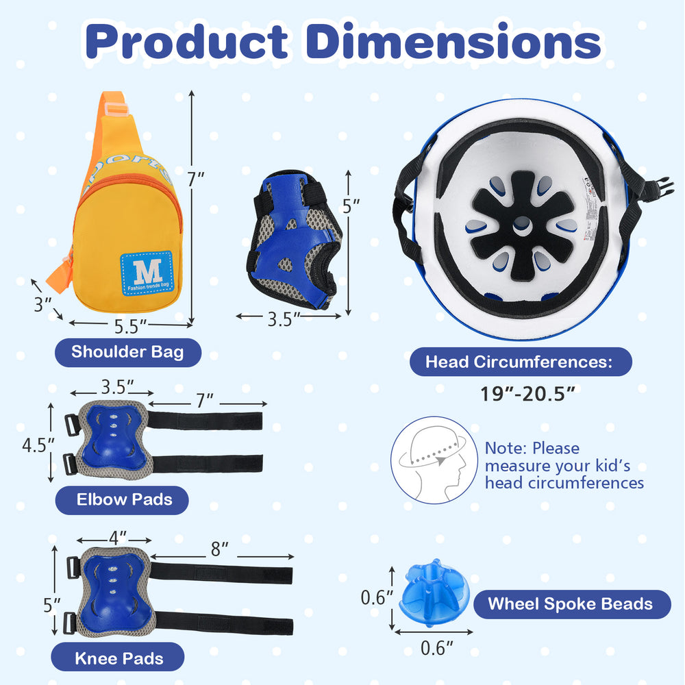 Kids bike dimensions with adjustable handlebar and seat, featuring a blue helmet and protective pads for safety.