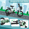 14-inch kids bike in white with adjustable seat, hand brake, coaster brake, and removable basket for safe riding.