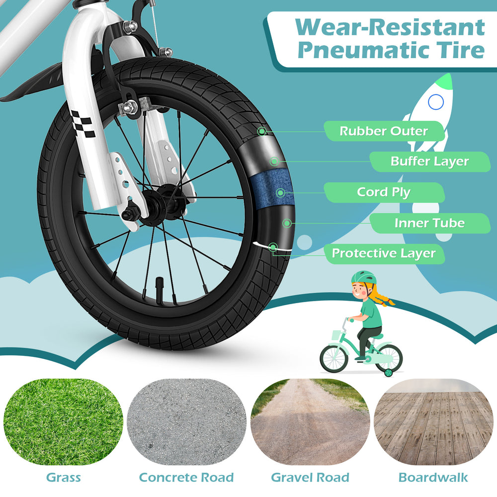 Close-up of the 14-inch kids bike's wear-resistant pneumatic tire with rubber outer and protective layer for durability.