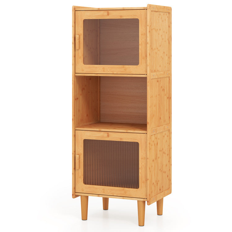 Tall bamboo storage cabinet with sliding glass doors and rattan accents, perfect for displaying items and organizing.