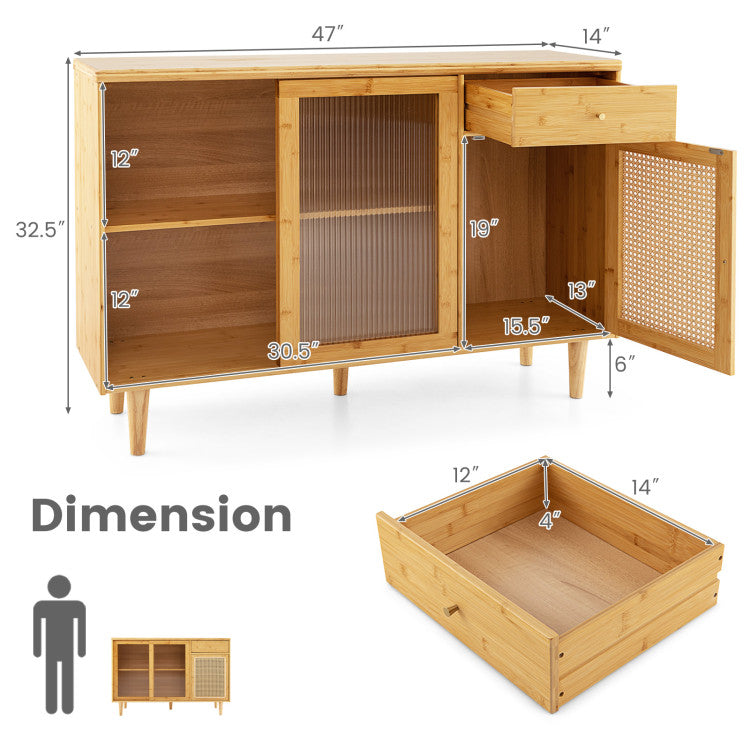 Bamboo sideboard cabinet with sliding glass doors, rattan accents, and spacious storage for modern dining rooms.