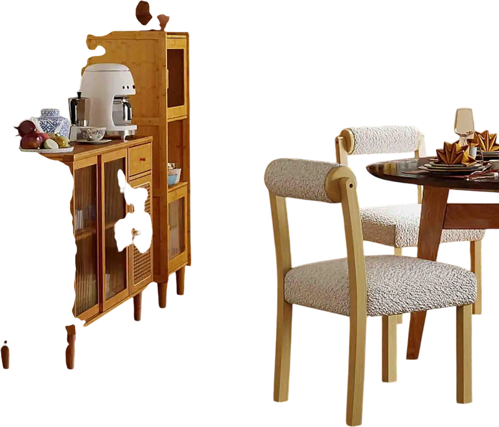 Modern dining room set featuring wooden chairs and bamboo sideboard cabinet, perfect for stylish dining spaces.
