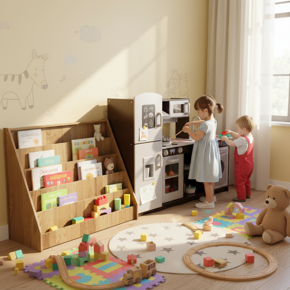 Kids toy storage rack with 8 bins and corner pretend play kitchen set, perfect for organizing toys and encouraging.