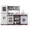 Corner toy kitchen set with lights and sounds, featuring interactive elements for kids' pretend play and storage.