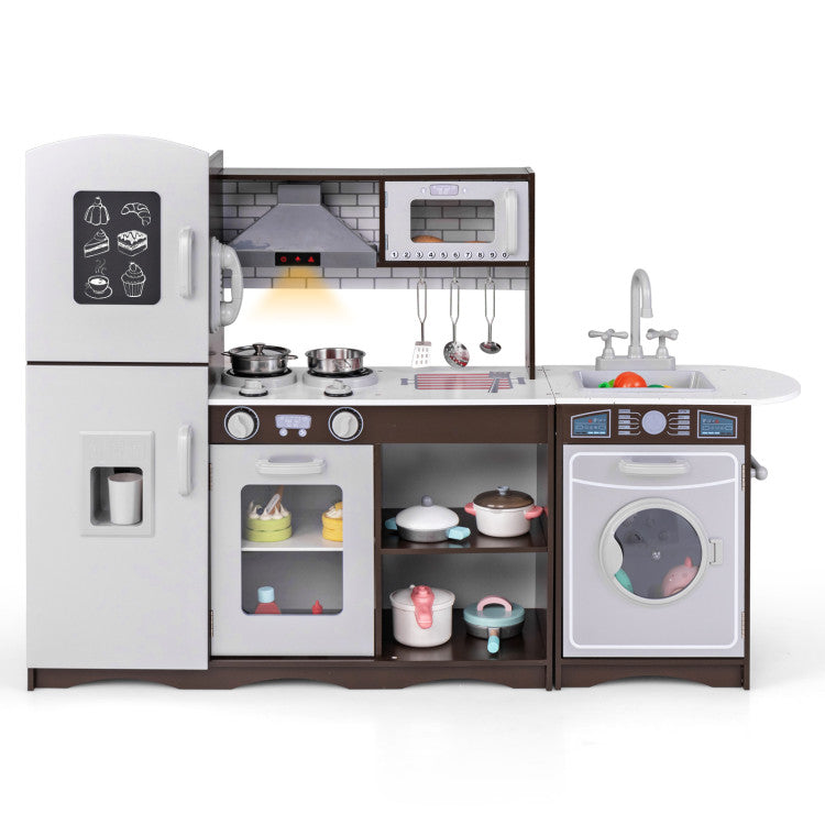 Corner toy kitchen set with lights and sounds, featuring interactive elements for kids' pretend play and storage.