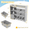 4-tier kids bookshelf with 8 gray bins for toy storage, featuring dimensions and weight capacity of 265 lbs.