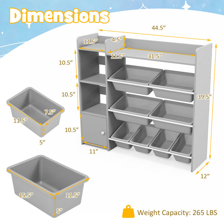 4-tier kids bookshelf with 8 gray bins for toy storage, featuring dimensions and weight capacity of 265 lbs.