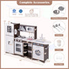 Corner toy kitchen set with lights and sounds, featuring realistic accessories for kids' pretend play and storage.