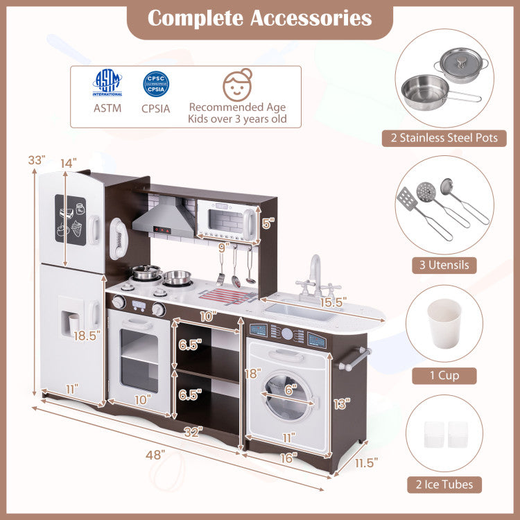 Corner toy kitchen set with lights and sounds, featuring realistic accessories for kids' pretend play and storage.