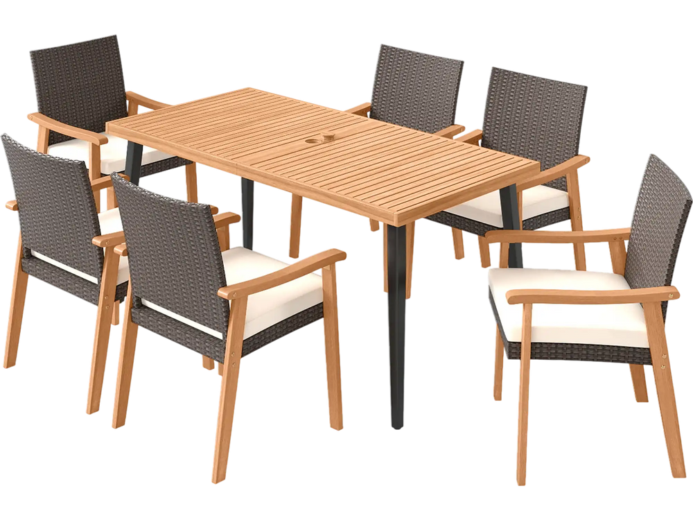 7-Pieces Patio Dining Table Set Acacia Wood Table and 6 Armchairs