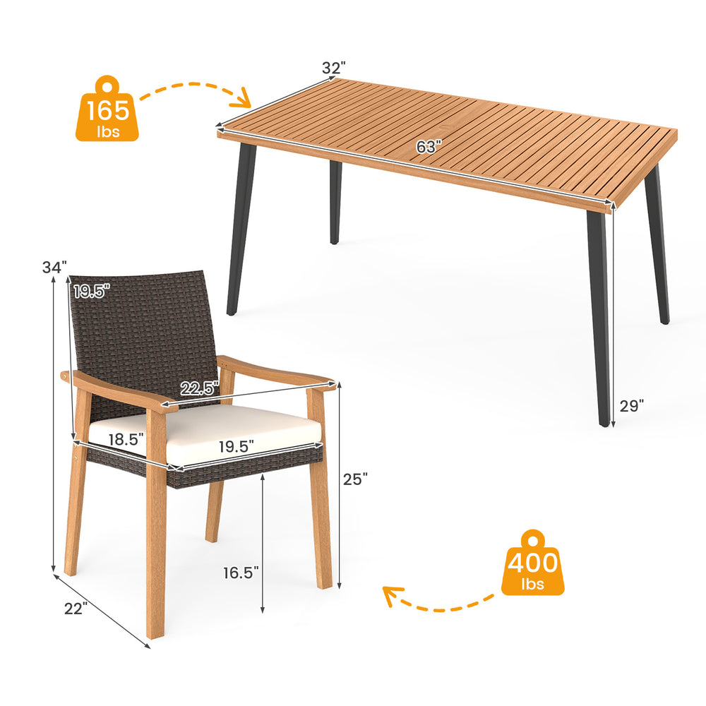 Dimension chart of the 7-piece patio dining set, detailing table and chair measurements for optimal space planning.