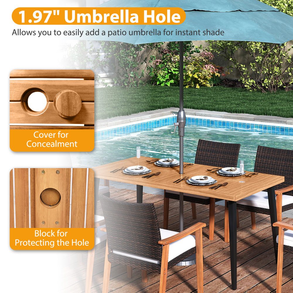 Acacia wood dining table with 1.97" umbrella hole and protective block, perfect for outdoor patio dining.