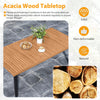 Acacia wood tabletop with a natural finish, showcasing slatted design, ideal for outdoor patio dining.