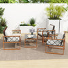 5-piece PE wicker patio furniture set with acacia wood frame, featuring cushioned chairs and tempered glass tables for.