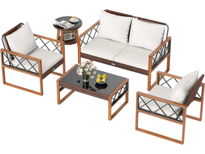 Costway 5-Pc PE Wicker Patio Dining Furniture Set Acacia Wood Frame 85959283 New