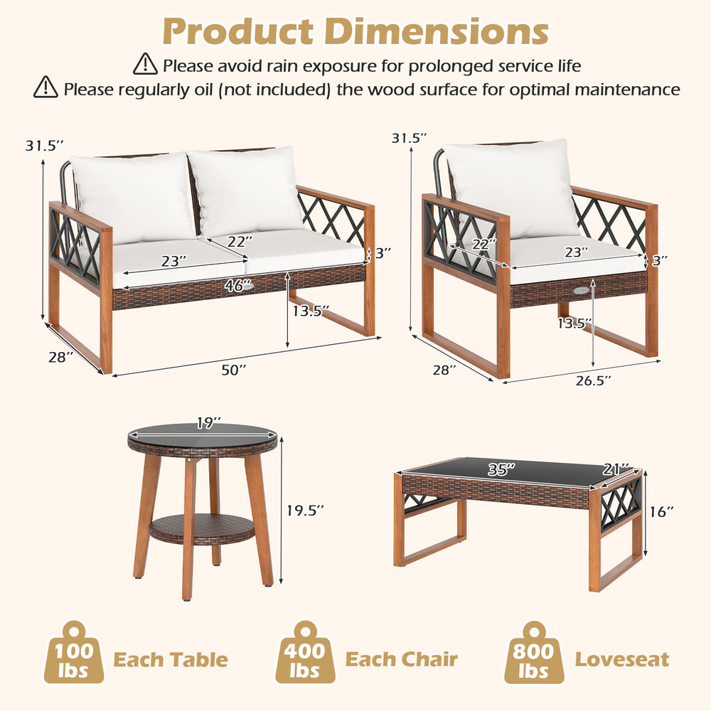 Dimensions of the 5 Pieces PE Wicker Patio Furniture Set with acacia wood frame, including loveseat and tables.