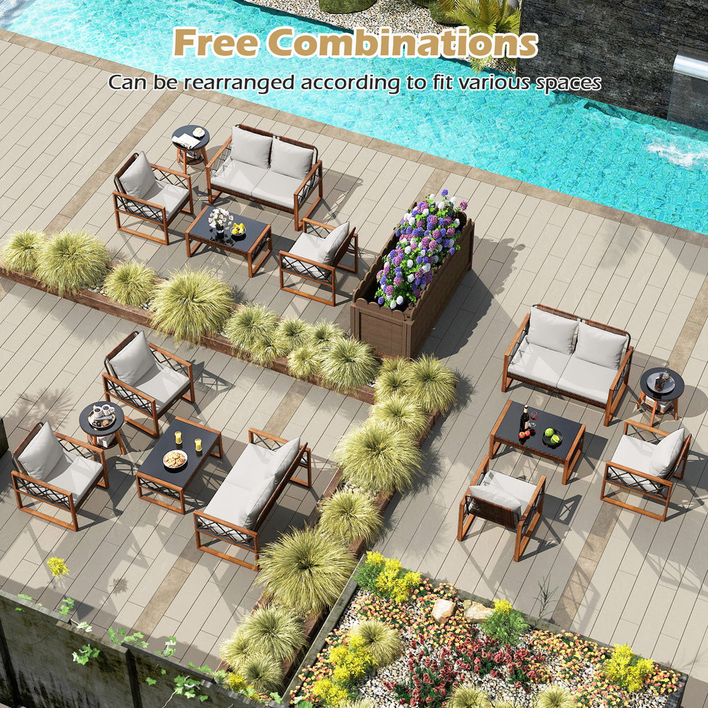 5-piece PE wicker patio furniture set with acacia wood frame, featuring flexible arrangement for outdoor spaces.