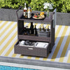 Outdoor wicker bar cart with tempered glass top, featuring ample storage, wheels for mobility, and stylish PE rattan.
