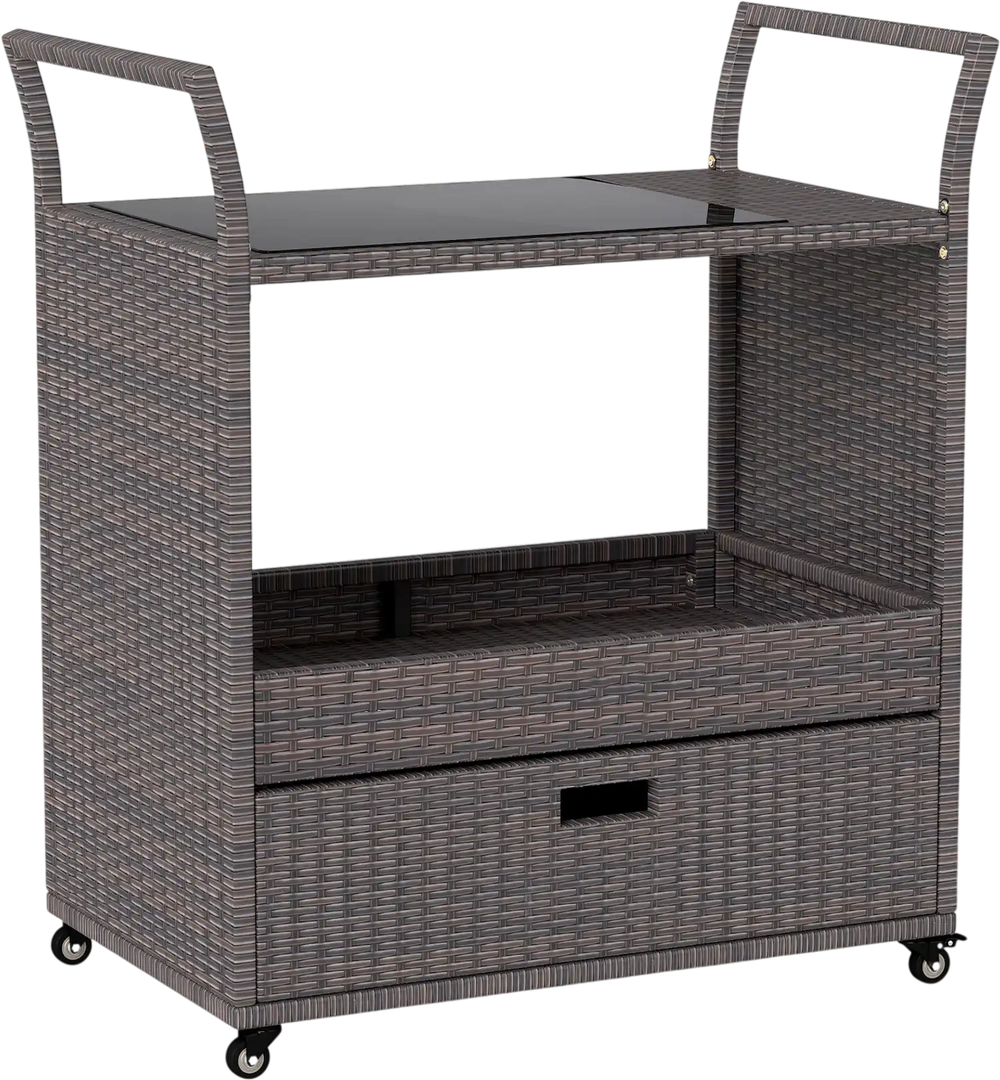 Outdoor Wicker Bar Cart Table with Tempered Glass Top