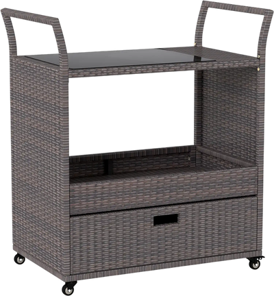 Costway Outdoor Wicker Bar Cart Table Tempered Glass Top 24247357 New