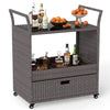 Outdoor wicker bar cart with tempered glass top, featuring ample storage, easy mobility, and stylish design for patio.
