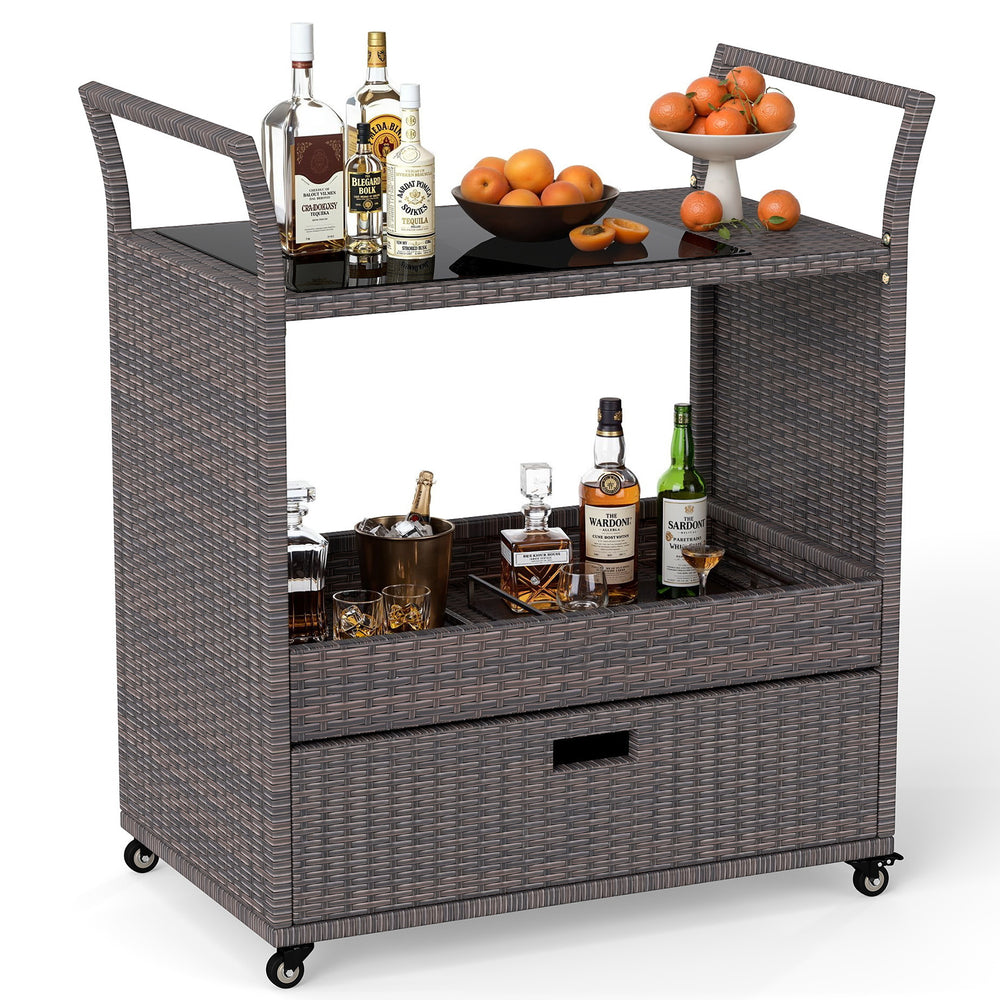 Outdoor wicker bar cart with tempered glass top, featuring ample storage, easy mobility, and stylish design for patio.