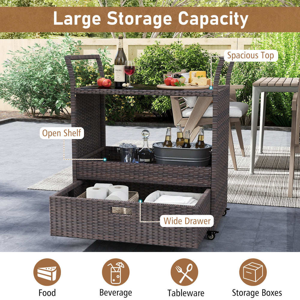 Outdoor wicker bar cart with tempered glass top, featuring ample storage, open shelf, and large drawer for patio use.
