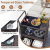 Outdoor wicker bar cart table featuring a tempered glass top, ample storage, and flexible mobility with lockable wheels.