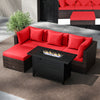 Red heavy-duty rattan sofa set with 60000 BTU firepit table, featuring plush cushions and versatile seating for outdoor.
