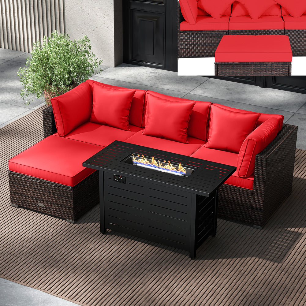 Red heavy-duty rattan sofa set with 60000 BTU firepit table, featuring plush cushions and versatile seating for outdoor.